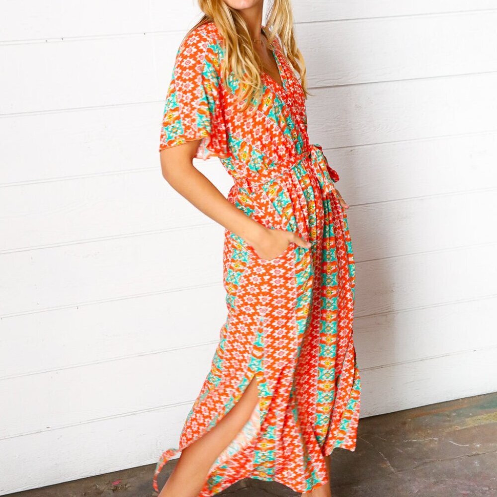 New Orange Boho Print Surplice Sash Belt Midi Dress - 3X